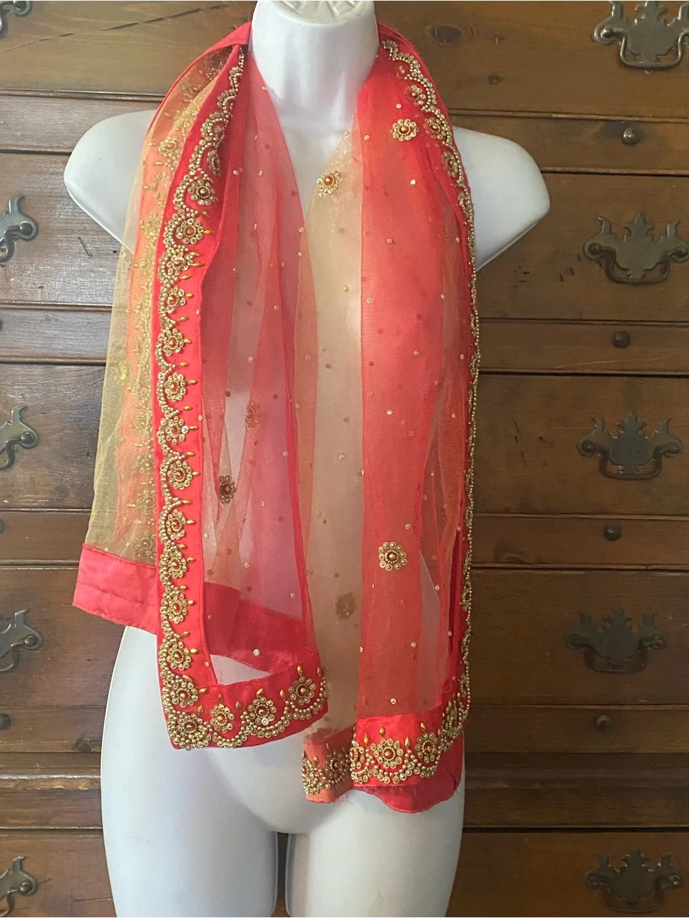 Embellished Coral and Gold Sheer Scarf or Shawl